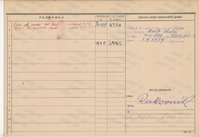 František Březina, domovská karta, rub. Zdroj: Archiv města Ostravy, Archiv města Moravská Ostrava, domovská kartotéka