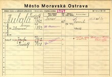 Rudolf Kubala, domovská karta otce. Zdroj: Archiv města Ostravy, Archiv města Moravská Ostrava, domovská kartotéka