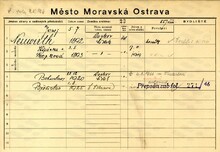 Bohuslav Neuvirt (Neuwirth), domovská karta otce. Zdroj: Archiv města Ostravy, Archiv města Moravská Ostrava, domovská kartotéka