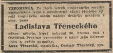 Vzpomínka na Ladislava Třeneckého, oznámení manželky a&nbsp;syna. Zdroj: Nová svoboda, 30. 3. 1946