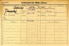 Ladislav Třenecký, domovská karta. Zdroj: Archiv města Ostravy, Archiv města Moravská Ostrava, domovská kartotéka