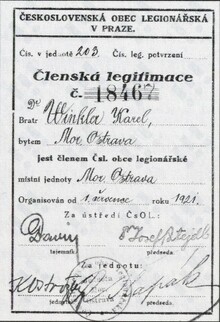 Karel Winkler, legionářská legitimace. Zdroj: PRZYBYLOVÁ, Blažena, Českoslovenští legionáři -&nbsp;rodáci a&nbsp;občané Ostravy, 2002.