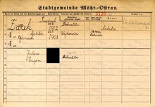 Bedřich Žvak, domovská karta. Zdroj: Archiv města Ostravy, Archiv města Moravská Ostrava, domovská kartotéka