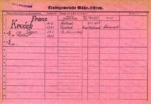 František Kroček, domovská karta. Zdroj: Archiv města Ostravy, Archiv města Moravská Ostrava, domovská kartotéka