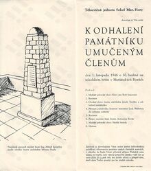 Pozvánka k&nbsp;odhalení památníku  Zdroj: Archiv města Ostravy, fond Tělocvičná jednota Sokol Mariánské Hory
