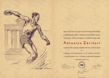 Diplom Přerovské župy České atletické amatérské unie A. Závišovi za práci pro lehkou atletiku (1943) Zdroj: Archiv města Ostravy, fond Záviš Antonín