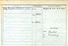 Josef Prokop, domovská karta, rub. Zdroj: Archiv města Ostravy, Archiv města Moravská Ostrava, domovská kartotéka