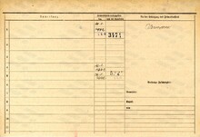 Cyril Nováček, domovská karta, rub. Zdroj: Archiv města Ostravy, Archiv města Moravská Ostrava, domovská kartotéka