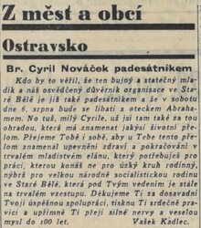 Novinový článek V. Kadlece k&nbsp;jubileu Cyrila Nováčka. Zdroj: Národní stráž, 1938