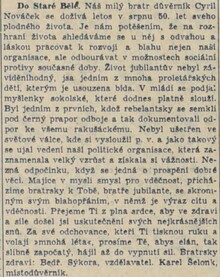 Pokračování novinového článku V. Kadlece k&nbsp;jubileu Cyrila Nováčka. Zdroj: Národní stráž, 1938