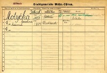 Oldřich Motyčka, domovská karta. Zdroj: Archiv města Ostravy, Archiv města Moravská Ostrava, domovská kartotéka