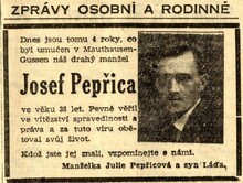 Vzpomínka na Josefa Pepřicu, oznámení manželky a syna. Zdroj: Nové slovo, 30. 7. 1946