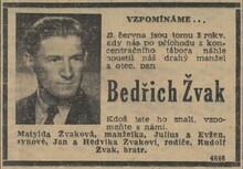 Vzpomínka na Bedřicha Žvaka, oznámení manželky, synů, rodičů a bratra. Zdroj: Nová svoboda, 23. 6. 1948