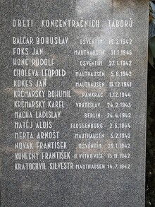 Detail pamětní desky umučeným obětem 2. světové války v Nové Bělé. Autorka: Lenka Rokowská, 2026