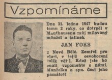 Vzpomínka na Jana Fokse, oznámení manželky a syna. Zdroj: Nová svoboda, 29. 1. 1947
