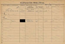 Anna Foksová, domovská karta. Zdroj: Archiv města Ostravy, Archiv města Moravská Ostrava, domovská kartotéka