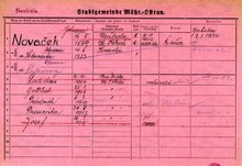 Marie Nováčková, domovská karta manžela. Zdroj: Archiv města Ostravy, Archiv města Moravská Ostrava, domovská kartotéka