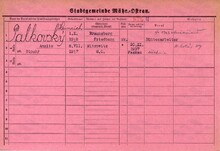 Jindřich Palkovský ml.,&nbsp;domovská karta. Zdroj: Archiv města Ostravy, Archiv města Moravská Ostrava, domovská kartotéka