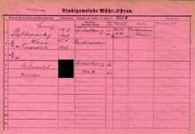 František Palkovský, domovská karta. Zdroj: Archiv města Ostravy, Archiv města Moravská Ostrava, domovská kartotéka