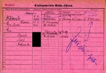 Adolf Klímek st.,&nbsp;domovská karta. Zdroj: Archiv města Ostravy, Archiv města Moravská Ostrava, domovská kartotéka