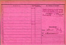 Adolf Klímek st.,&nbsp;domovská karta, rub. Zdroj: Archiv města Ostravy, Archiv města Moravská Ostrava, domovská kartotéka