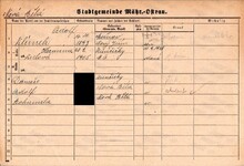 Adolf Klímek st.,&nbsp;domovská karta. Zdroj: Archiv města Ostravy, Archiv města Moravská Ostrava, domovská kartotéka