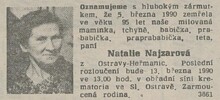 Natálie Najzarová, oznámení o úmrtí. Zdroj: Nová svoboda, 12. 3. 1990