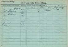 Eugen Del Favero, domovská karta. Zdroj: Archiv města Ostravy, Archiv města Moravská Ostrava, domovská kartotéka