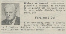 Ferdinand Goj, oznámení o úmrtí. Zdroj: Nová svoboda, 18. 3. 1980