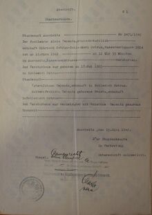 Úmrtní list Aloise Cependy (opis). Vojenský historický archiv, Osvědčení dle zákona č. 255/1946 Sb., čj. 63437/63.