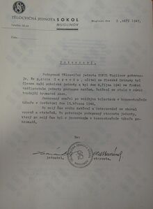 Potvrzení TJ Sokol Muglinov o členství Aloise Cependy. Vojenský historický archiv, Osvědčení dle zákona č. 255/1946 Sb., čj. 63437/63.