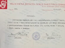 Potvrzení TJ Sokol Bartovice-Lipina o&nbsp;členství Rudolfa Durčáka. Zdroj: Vojenský historický archiv, Osvědčení dle zákona č. 255/1946 Sb.,&nbsp;čj.:&nbsp;117232/47.