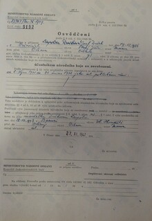 Osvědčení o&nbsp;protinacistickém odboji pro Josefa Duška. Zdroj: Vojenský historický archiv, Osvědčení dle zákona č. 255/1946 Sb.,&nbsp;čj.:&nbsp;83707/47.