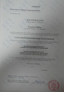 Osvědčení o&nbsp;protinacistickém odboji pro Františka Nogu. Zdroj: Vojenský historický archiv, Osvědčení dle zákona č. 255/1946 Sb.,&nbsp;čj.:&nbsp;5892/48.
