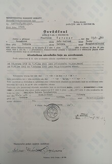 Osvědčení o&nbsp;protinacistickém odboji pro Františka Špryňara. Zdroj: Vojenský historický archiv, Osvědčení dle zákona č. 255/1946 Sb.,&nbsp;čj.:&nbsp;116770/47.
