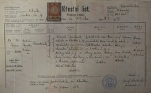 Originál křestního listu Františka Krimla. Zdroj: Vojenský historický archiv, Osvědčení dle zákona č. 255/1946 Sb.,&nbsp;čj.:&nbsp;108714/48. 