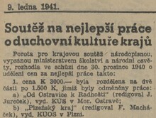 Novinový článek o ocenění sborníku, který redigoval Josef Jureček. Zdroj: Moravský večerník, 1941