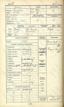 Rudolf Gřegoř (Grzegorz), 8. třída, záznam z hlavního katalogu Českého státního gymnázia v Moravské Ostravě za školní rok 1926/27. Zdroj: Archiv města Ostravy