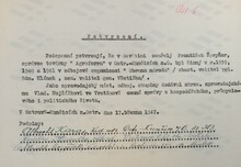 Potvrzení o&nbsp;odbojové činnosti Františka Špryňara. Zdroj: Vojenský historický archiv, Osvědčení dle zákona č. 255/1946 Sb.,&nbsp;čj.:&nbsp;116770/47.