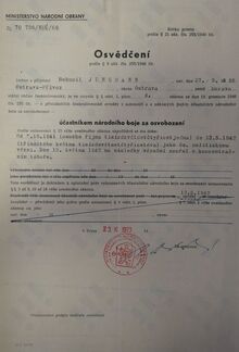 Osvědčení Bohumila Jungmanna o&nbsp;národním boji za osvobození. Zdroj: Vojenský historický archiv, Osvědčení dle zákona č. 255/1946 Sb.,&nbsp;čj. 70736/69.