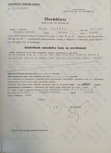 Osvědčení Václava Smíška o&nbsp;účasti v&nbsp;národním boji za osvobození. Zdroj: Vojenský historický archiv, Osvědčení dle zákona č. 255/1946 Sb.,&nbsp;čj. 111063/69.
