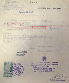 Potvrzení o propuštění Oldřicha Havránka z Osvětimi (opis). Zdroj: Vojenský historický archiv, Osvědčení dle zákona č. 255/1946 Sb., čj. 63822/68.