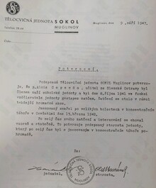 Potvrzení TJ Sokol Muglinov o členství Aloise Cependy. Vojenský historický archiv, Osvědčení dle zákona č. 255/1946 Sb., čj. 63437/63.