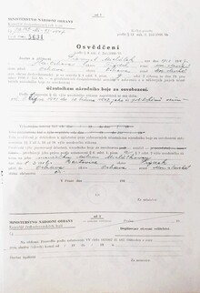 Osvědčení Přemysla Michálka o účasti v boji za osvobození. Zdroj: Vojenský historická archiv, Osvědčení dle zákona č. 255/1946 Sb., čj. 79842/47.