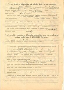 Potvrzená doba zatčení a věznění Josefa Žebráka. Zdroj: Vojenský historický archiv, Osvědčení dle zákona 255/1946 Sb., čj. 65021/47.