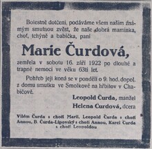 Marie Čurdová, oznámení o&nbsp;úmrtí. Zdroj: Duch času, 17. 9. 1922