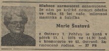 Marie Šustová, oznámení o&nbsp;úmrtí. Zdroj: Nová svoboda, 12. 1. 1978