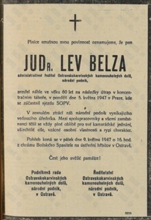 JUDr. Lev (Leo) Belza, oznámení o&nbsp;úmrtí. Zdroj: Hlas, 8. 5. 1947