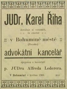 Reklama na otevření advokátní kanceláře v&nbsp;Bohumíně Zdroj: Opavský týdenník, 6. 5. 1908