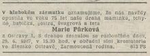 Marie Půrková, oznámení o&nbsp;úmrtí. Zdroj: Nová svoboda, 29. 6. 1987